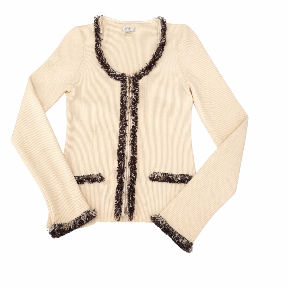 Vintage 90s Y2K Cache Cream Ribbed Fringe Cardigan Medium